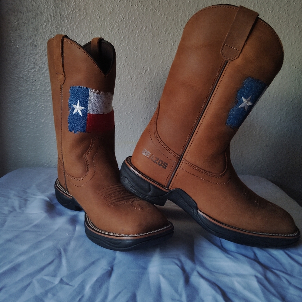 Brazos Men's Tan Western Boots with Texas Flag